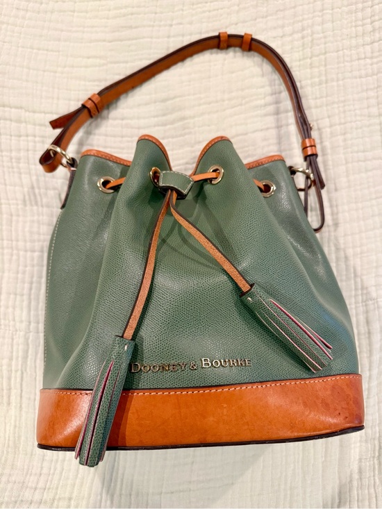 Dooney & Bourke Handbags - Dooney & Bourke Olive Green Leather Drawstring Bucket Bag w/ Tan Trim